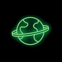 Green neon sign showing planet earth rotating with orbit vector