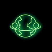Green neon sign showing worldwide delivery service with two location pins around a planet earth on black background vector