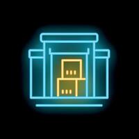 Neon sign of warehouse building displaying storage boxes vector