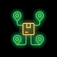 Neon sign showing a network connecting package and delivery locations vector