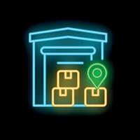 Neon sign depicting warehouse with cardboard boxes and location pin vector