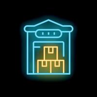 Neon sign of warehouse storage building with boxes inside at night vector