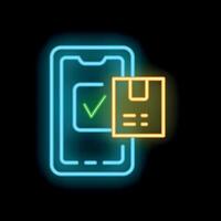 Mobile phone showing check mark confirming delivery status with neon light effect vector