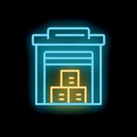 Neon warehouse storage building icon with boxes inside on black background vector
