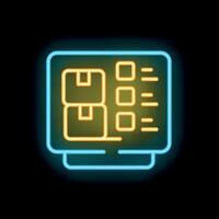 Neon sign showing computer displaying inventory management system with cardboard boxes vector