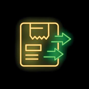 Neon sign showing two green arrows pointing to a delivery note with packing list vector
