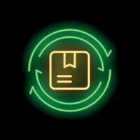 Neon green circular arrows around yellow package delivery icon on black background vector