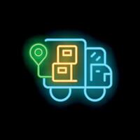 Neon icon of delivery truck carrying box and showing location with pin vector