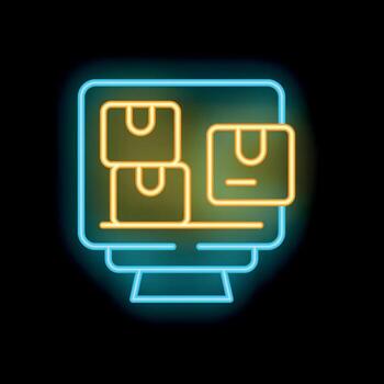 Neon sign representing online shopping with cardboard boxes on computer screen vector