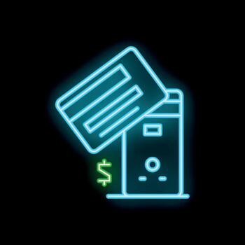 Neon style icon of credit card hovering over computer representing online payment vector