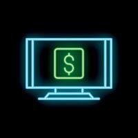Neon computer monitor displaying dollar sign icon on black background vector