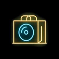 Neon shopping bag with compact disk icon on black background vector