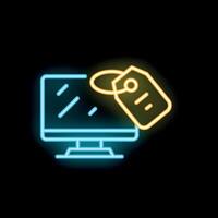 Neon icon of desktop computer displaying a price tag for online shopping concept vector