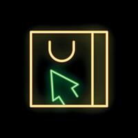 Neon online shopping bag and mouse cursor icon glowing on black background vector