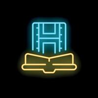 Neon icon of floppy disk saving data to a hard drive vector