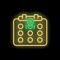 Neon icon of calendar showing location on black background vector