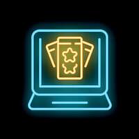 Neon icon of loyalty program with cards and stars on laptop screen vector
