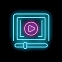 Neon player symbol with play button and progress bar on black background vector