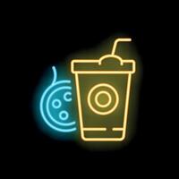 Neon sign showing soda drink with ice and straw glowing on dark background vector