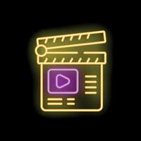 Neon clapperboard glowing on black background for show business concept vector