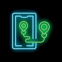 Neon sign of smartphone showing route with two location pins vector