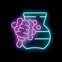 Neon sign of honey dipper dripping honey into jar on black background vector
