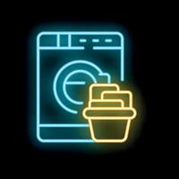 Neon icon of washing machine with laundry basket displaying laundromat service vector