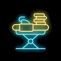Neon sign depicting ironing board with pile of clothes representing laundry service vector