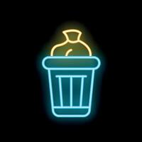 Neon trashcan glowing with garbage bag inside vector