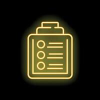 Neon yellow clipboard with checklist icon glowing on black background vector