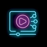 Neon streaming service icon with play button on black background vector