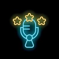 Neon microphone with stars shining brightly on black background vector