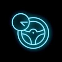 Neon blue steering wheel with clock icon on black background vector