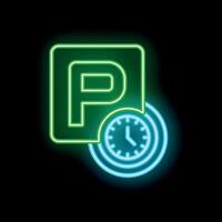 Neon sign of parking zone with clock showing parking time limitation vector