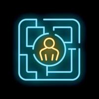 Neon icon of person standing in a maze representing problem solving vector