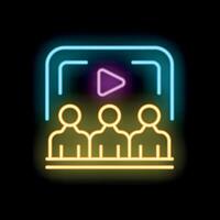 Neon icon of three people watching content on digital device vector