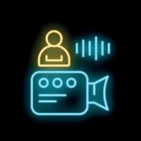 Neon icon of a camera recording a person speaking vector