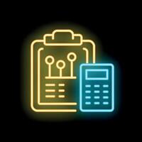 Neon business strategy icon depicting data analysis with calculator and clipboard vector