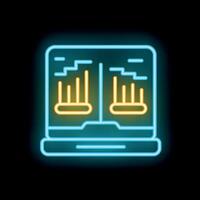 Neon icon of laptop displaying statistical charts on black background vector