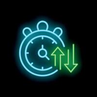 Neon clock showing up and down arrows indicating time passing vector