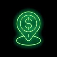 Green neon pin pointing dollar sign location on black background vector