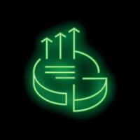 Neon green pie chart showing market growth with upward trend arrows on black background vector