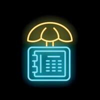 Neon icon of notepad under umbrella representing data protection concept vector