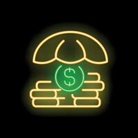 Neon sign representing money protection with umbrella and dollar coins vector