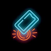 Neon smartphone touching wireless charging pad symbol vector