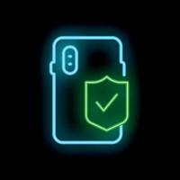 Neon icon showing smartphone being protected with checked shield vector