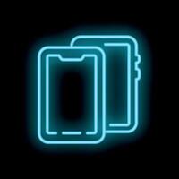 Two smartphones with blank screen glowing neon sign on dark background vector