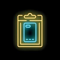 Neon sign showing a smartphone in blister pack on black background vector