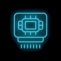 Blue neon cpu icon is glowing on a dark background vector