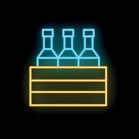 Neon sign of beer bottles in wooden crate on black background vector